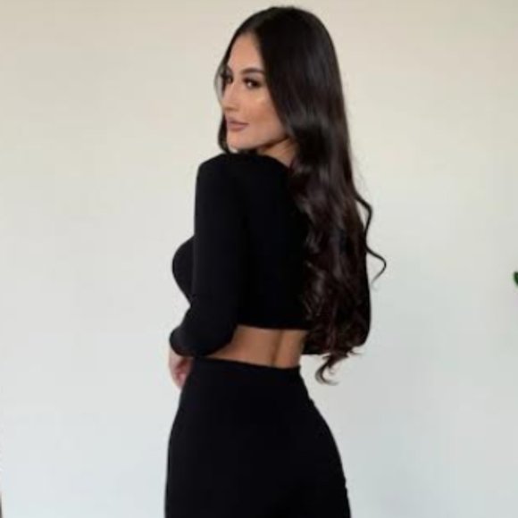 Black Matching Set , 2 piece Crop Top with Peep Hole and Pants - Picture 3 of 4